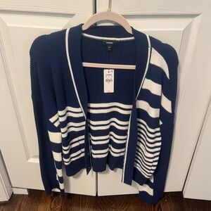 Express Women's Navy and White Striped Cardigan